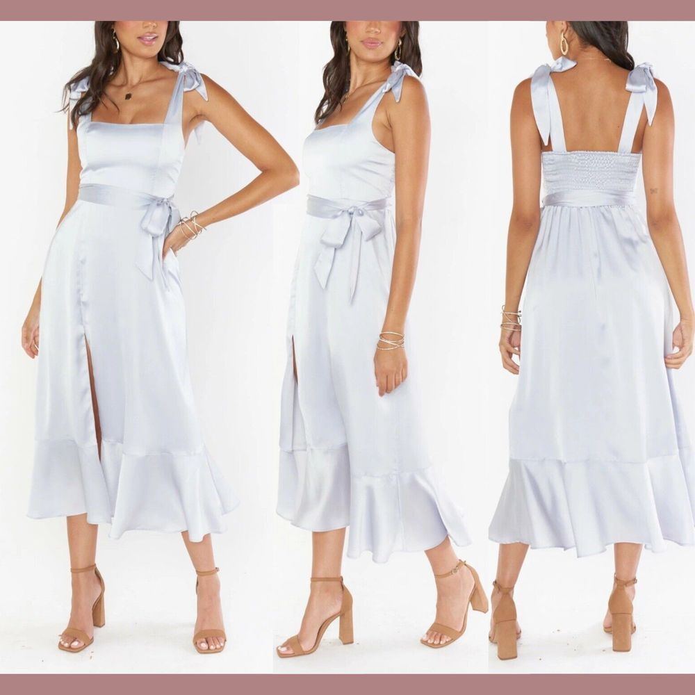 NWT $188 Show Me Your Mumu [ Large ] Claire Midi Dress in Silver Luxe Satin J333